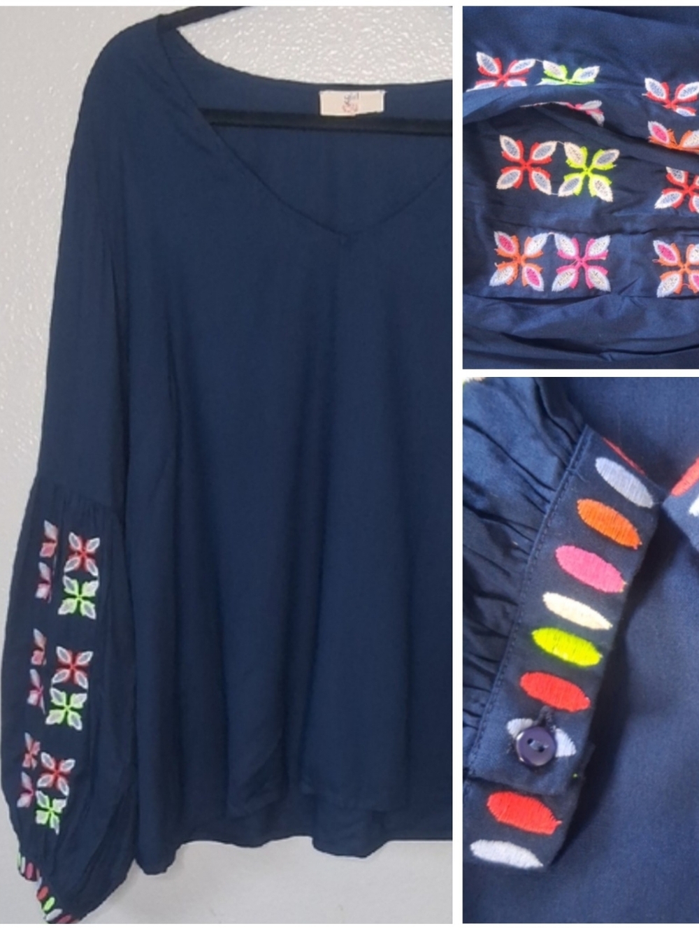 Girl Soul Women Pullover Blouse Blue Neon Multicolor Embroidered V-neck OX 14-16
